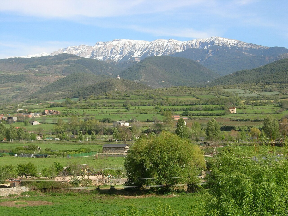Los prados de siega del valle del Segre a la salida de La Seu d'Urgell, verdes y cerrados por setos, con granjas dispersas y, al fondo, la muralla nevada de la Serra del Cadí.